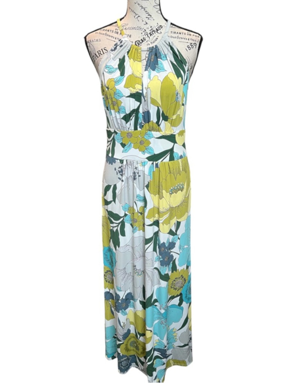 London Times Teal, Lime & White Floral Halter Maxi Dress